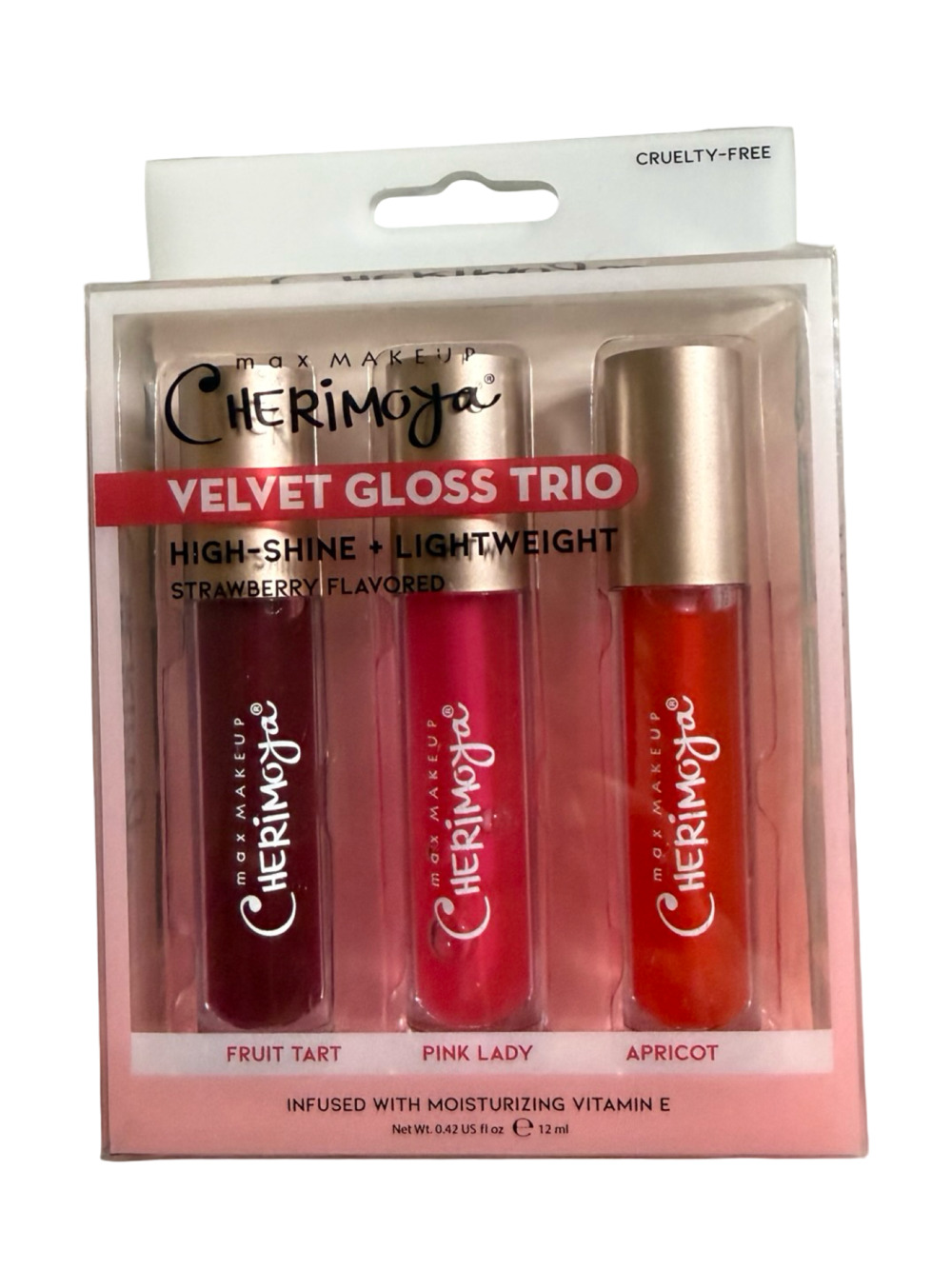 Max Makeup Cherimoya Velvet Gloss Trio High-Shine Strawberry 3-Piece Lip Gloss